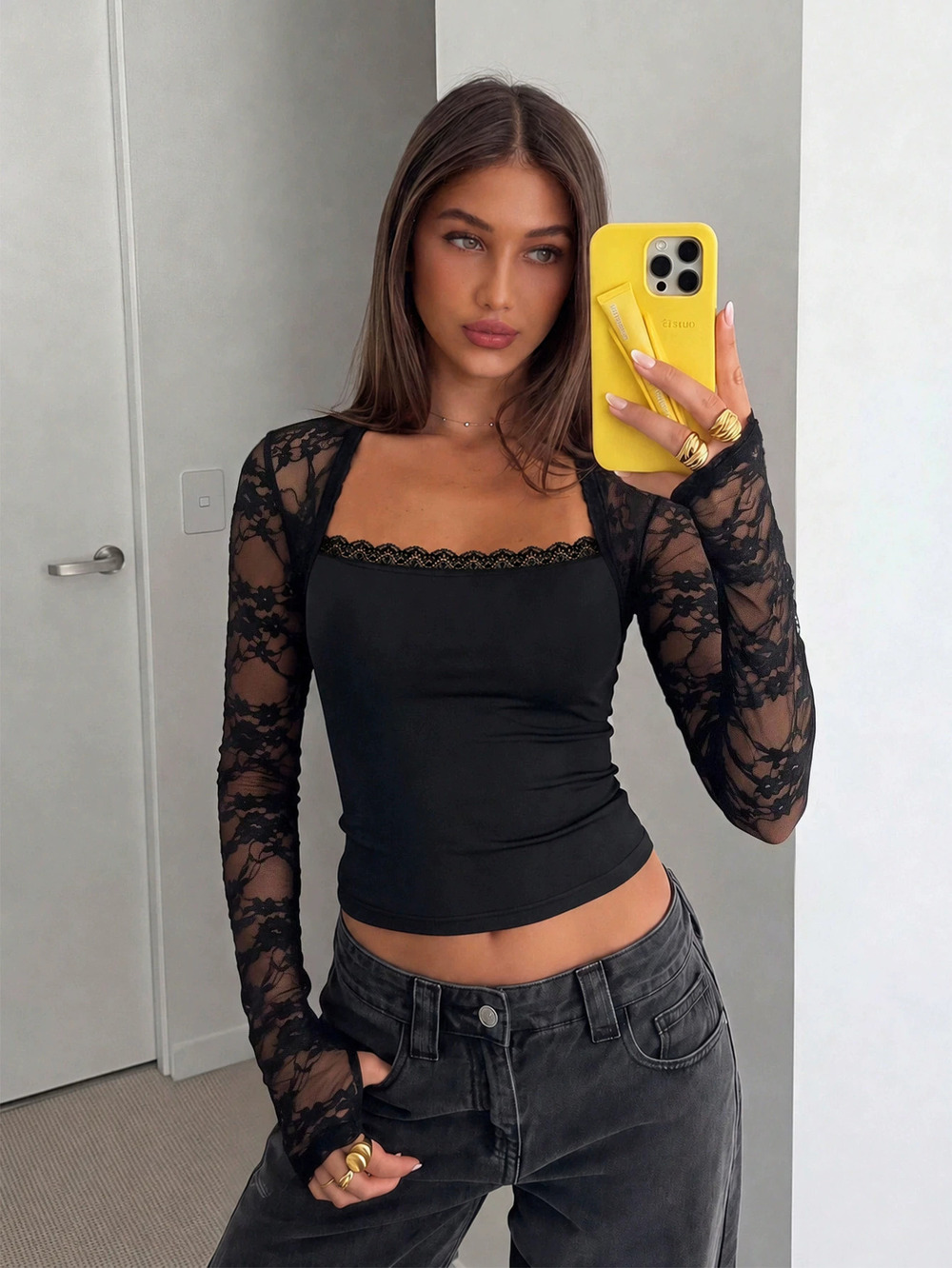 ZARA Lace Panel Long Sleeve Square Neck Cinched Waist Cropped Top